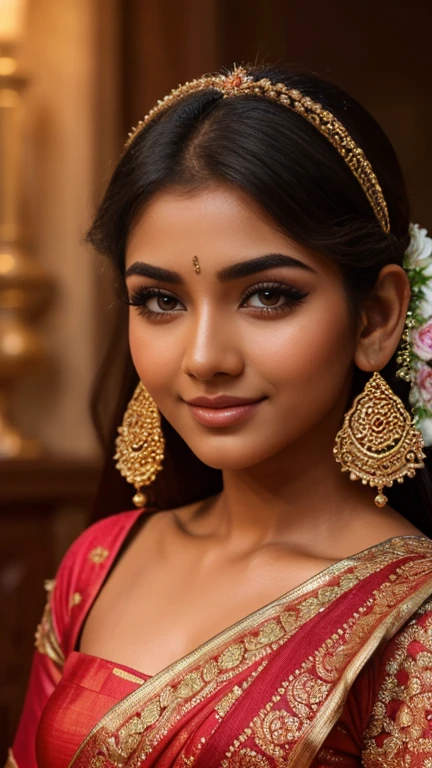 (high quality, masterpiece, HDR, 256K), (hyper-realistic, photorealism) 20 year old extremely beautiful Tamil girl, (intricate detailed extremely beautiful face, eyes, ears, nose, lips, textured skin), eyes symmetry, (bright smile). Wearing rose shudithar and thuppatta. Front view. Medium shot.