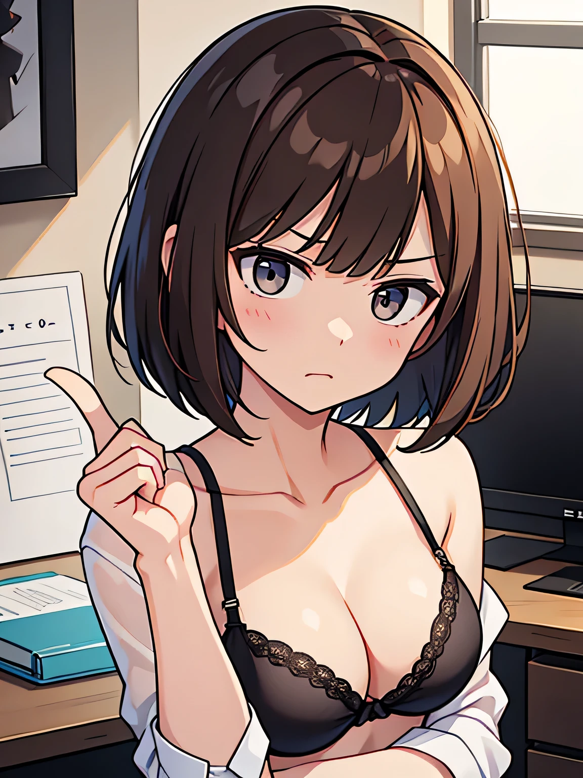 woman、front、Notice、Dissatisfied look、Looking up、Brown Hair、Bobcut、Black Bra、shirt、raise your index finger