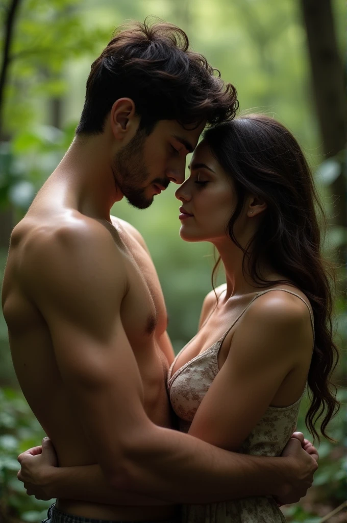 David is an 18-year-old boy, with dark hair. dark brown He is having sex with a 52 year old woman. Whose breast is very big. They both have sex in the forest.