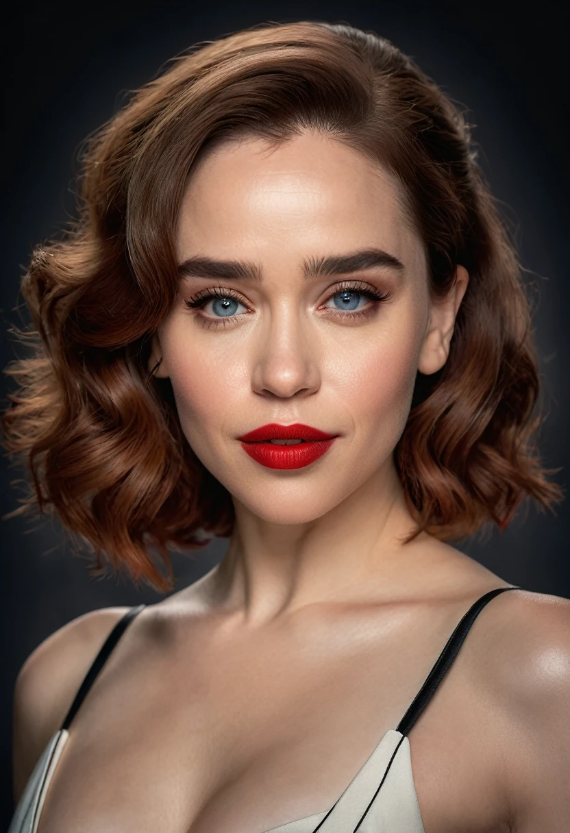 A waist-up portrait of a beautiful female whose face combines features of Emilia Clarke + Maitland Ward. The female has lovely makeup on her face. The female wears red lipstick. Symmetrical eyes. Symmetrical face. Lovely details. Photorealistic. Full-colored photo. Professional photo. Highly detailed 8K.