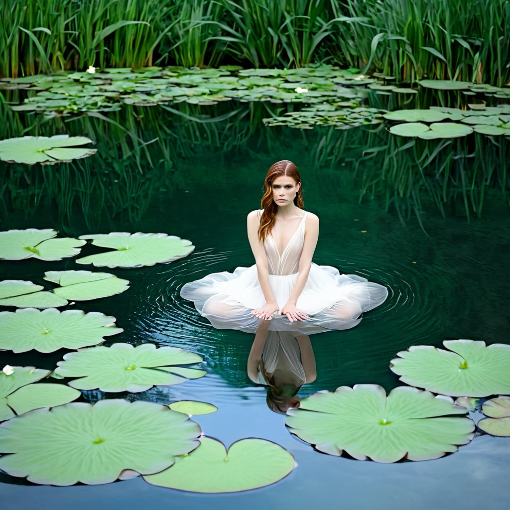 a lovely woman (Kate Mara, sheer airy gown) in a pond with lily pads in the water, in a pond, standing in a pond, floating in a powerful zen state, nymph in the water, sitting in a reflective pool, floathing underwater in a lake, sitting at a pond, in water up to her shoulders, the hair floats on the water, in a lake, in the water