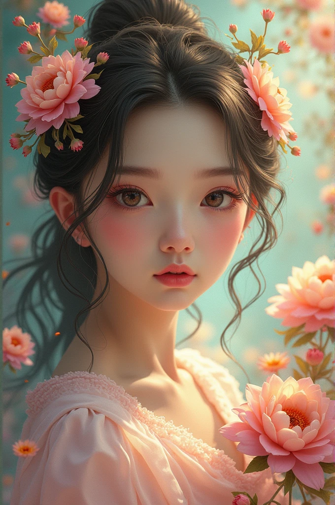 (masterpiece、top-quality、top-quality、Official art、Beautifully Aesthetic:1.2)、(1girl in)、ighly detailed、(Fractal Art:1.3)、colourfull、highestdetailed,(Poses in motion:1.4)、Detail Beautiful delicate face、Detail Beautiful delicate eyes、Very fine eye definition, (Symmetrical eyes:1.3),((Natural smile)),florals,pluma、image of goddess