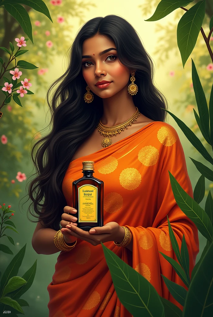 beautiful keralite woman with long hair in saree with blouse holding in hand "Lakshmi Kachenna" hair oil, surrounded by plants like Thulasi, Hibiscus, aloe vera, bhamhi, bringaraj etc in background