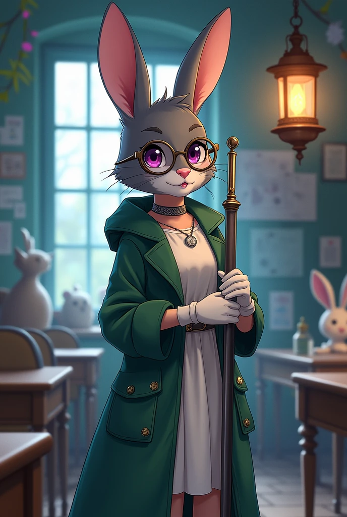 A fantasy, anime styled picture of a smaller rabbit woman with dark grey fur wearing a long moss green trenchcoat with a white dress underneath. She is standing in a magical classroom, holding a metal staff with a lantern at the end. She has large, circular, thick rimmed glasses and a silver choker, as well as loose white gloves that end just after her wrists. She has deep purple eyes.