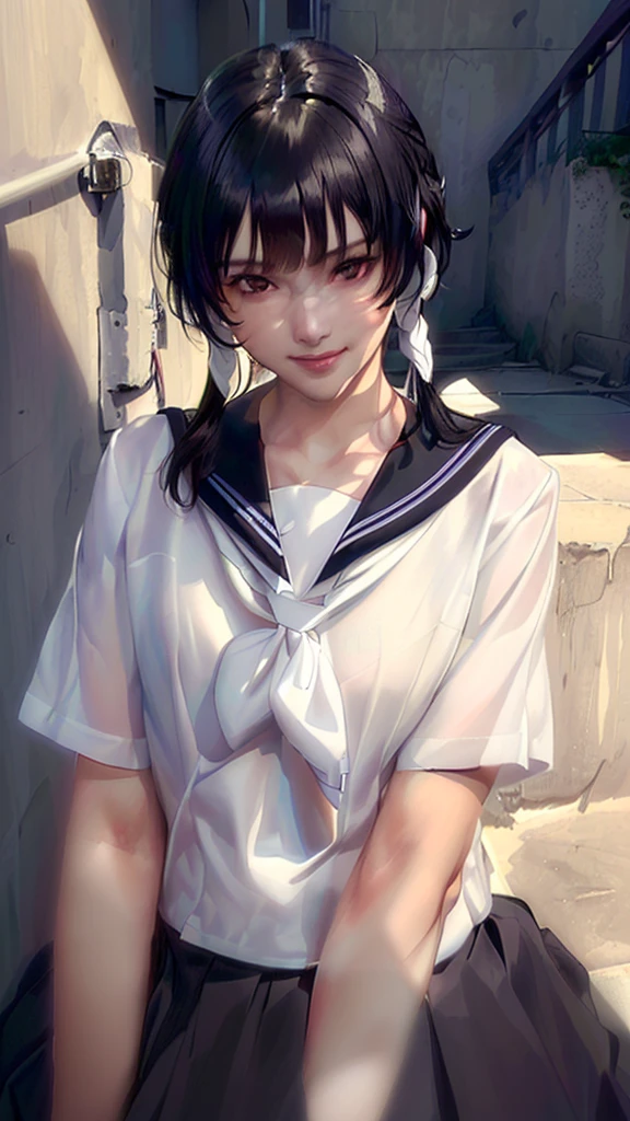 (((Perfect body,White and tender skin,(((JK_style,short-sleeved JK_shirt,short-sleeved JK_sailor,JK_suit,JK_tie ))),(((sui-feng, short hair, short hair with long locks,Black hair))),((masterpiece)),high resolution, ((Best quality at best)),masterpiece,quality,Best quality,((( Exquisite facial features,Looking at the audience,There is light in the eyes,Smile))),))),(((Light and shadow,Small chest,))),(((Looking at the camera,black background,)))),