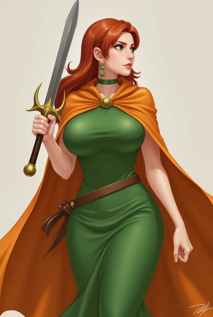 masterpiece, Highest quality, DQ Bianca, Single Blade, Earrings, choker, Orange Cape, Green Dress, belt, View your viewers, ?????????????, Upper Body, From the side, Frowning, fist, Mouth closed