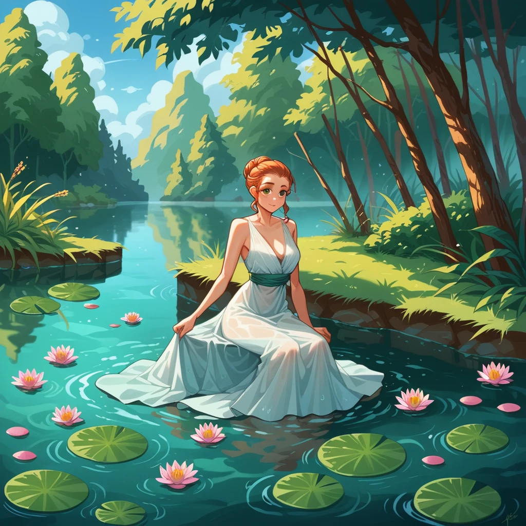 a lovely woman (Kate Mara, sheer airy gown) in a pond with lily pads in the water, in a pond, standing in a pond, floating in a powerful zen state, nymph in the water, sitting in a reflective pool, floathing underwater in a lake, sitting at a pond, in water up to her shoulders, the hair floats on the water, in a lake, in the water
