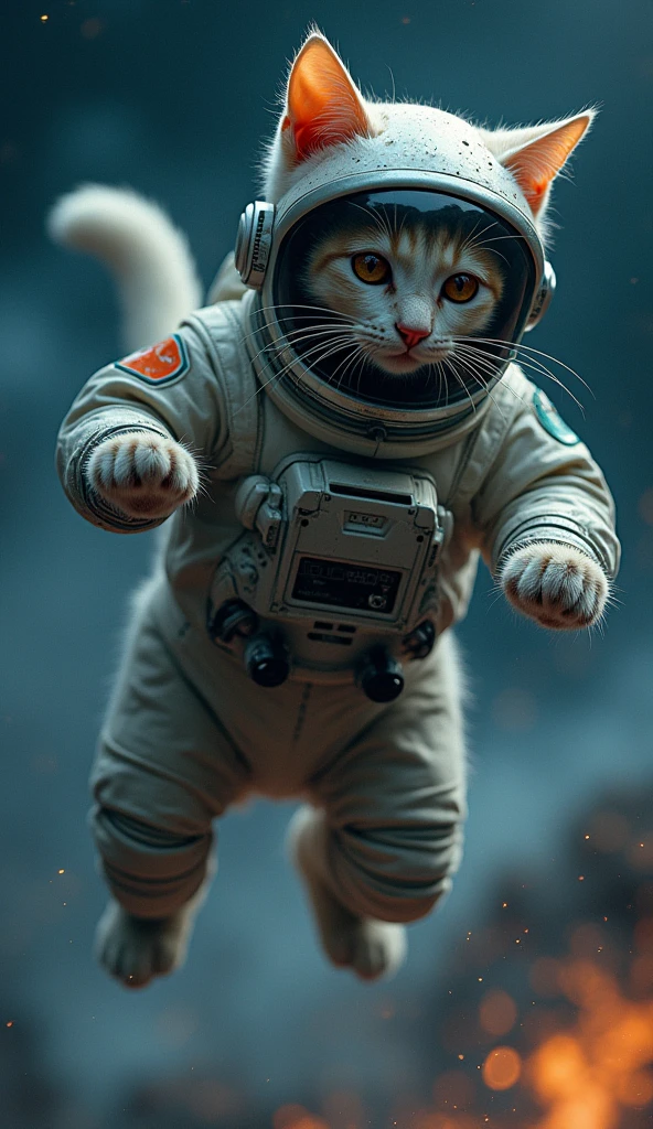 Photographic Ultra-Realism Fighting Space Cats Night Scenery ((inflammation)) ((Flying Space Cat2Animals)) Covered in scars ((Helmet)) Flipping Cat Strong winds