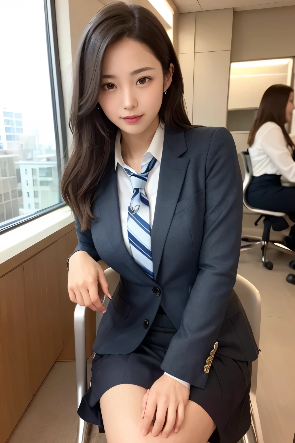 High definition、One person、Beautiful woman、Realistic、sexy、suit、office、Japanese、Sit on a chair、tie、Skirt flip