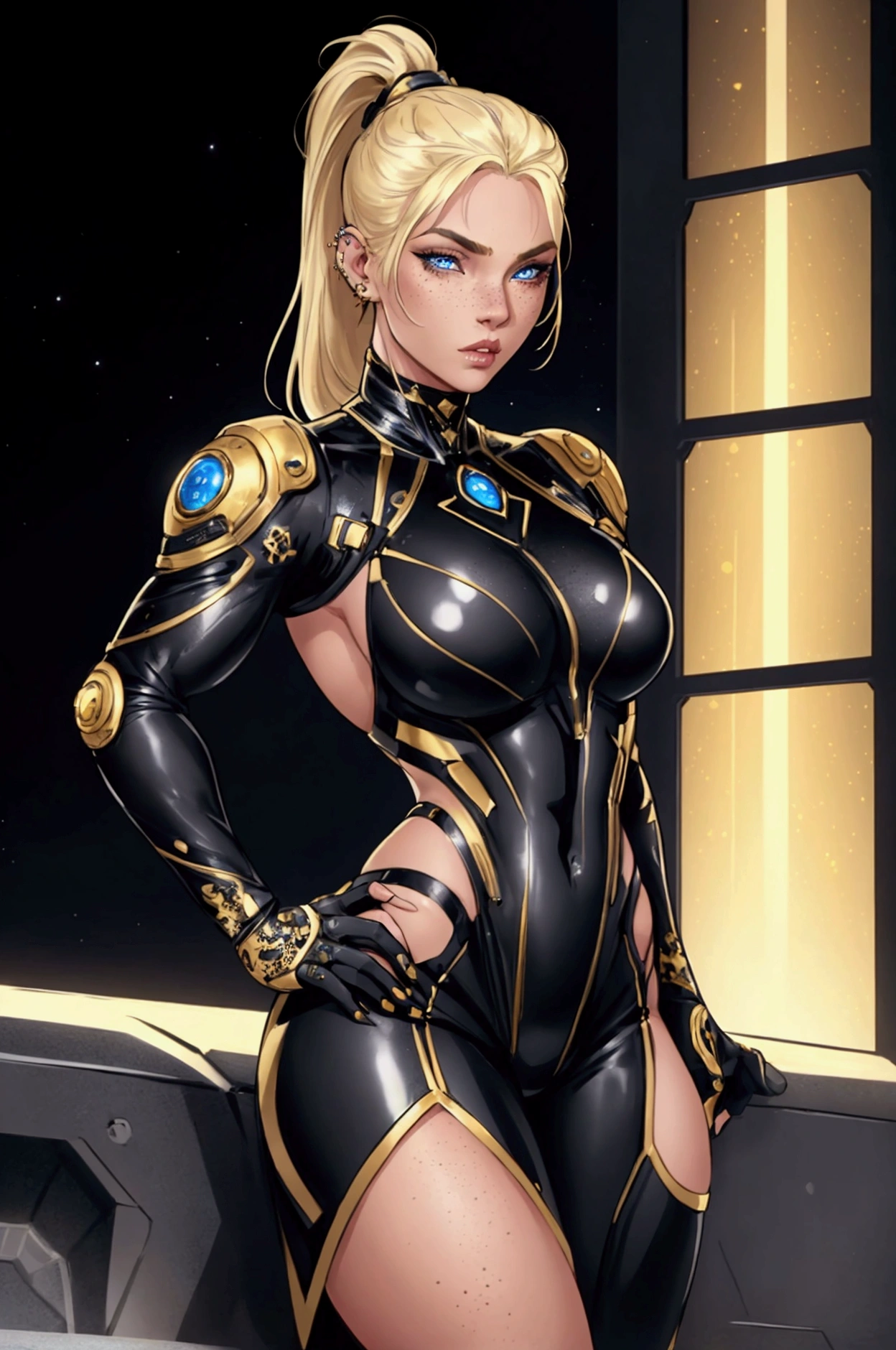 a young blonde girl in a black with gold accent space suit,  pose, beautiful detailed face, piercing  beautiful detailed blue eyes, light freckles, detailed muscular body, ponytail hairstyle, no background, full body,  beautiful detailed lips
