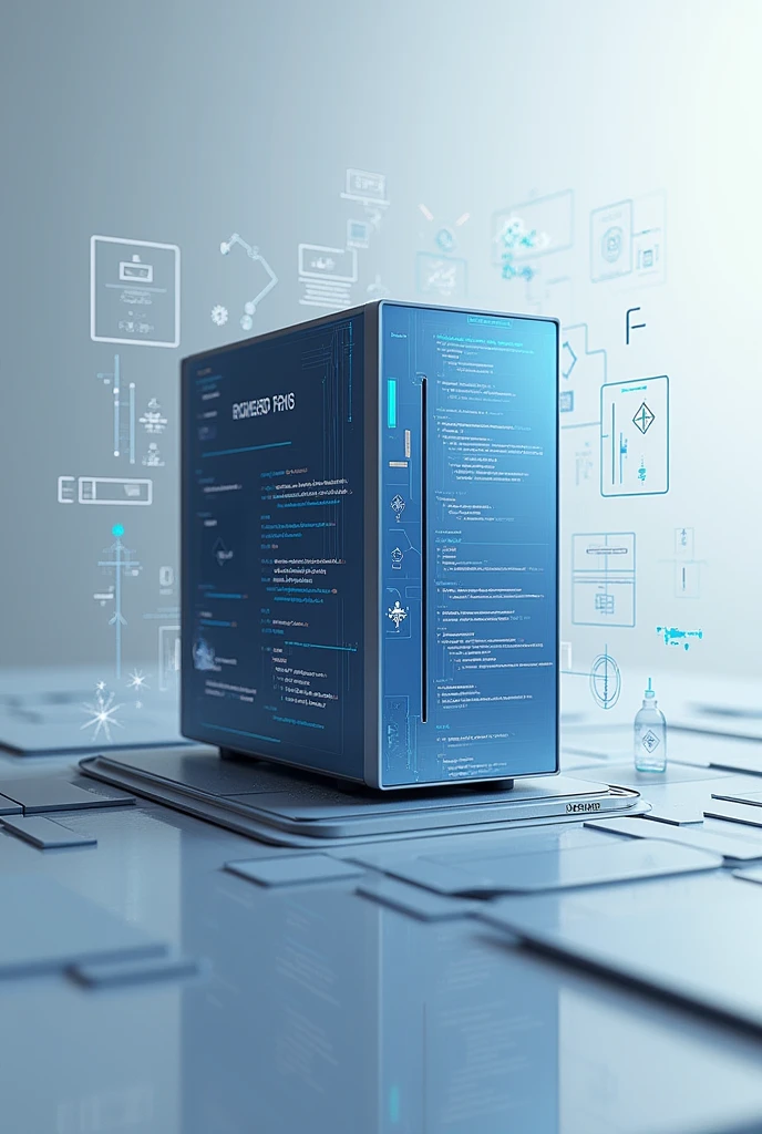 I want an image with gray and blue tones. a computer. The word engineering and data science and math within it. Python code and SQL diagrams