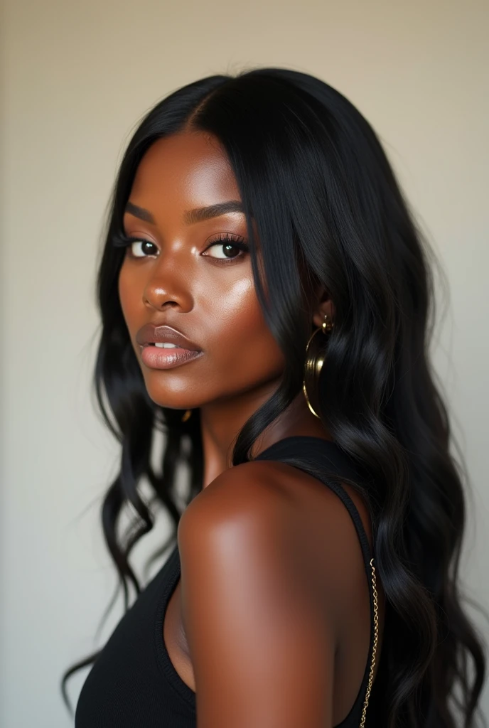 A passport picture in the early 2000s of a cute pretty brown skin Black instagram baddie girl in her early 20s brown skin black girl with a early 2000s video vixen aesthetic with a nice define chiseled jawline with almond slanted shape eyes girl facing backwards before and after hair growth from short to long