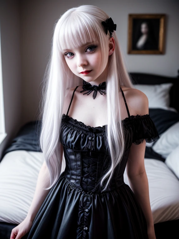 female sexy vampire|albino, pale porcelain skin, sexy vintage black dress, black skirt, (6 years old, ****:1.7), smile, shallow depth of field, grin|creepy, nightfall, detailed face, night, wide hips, narrow waist, portrait of woman standing, detailed eyes, portrait of woman standing, 8k RAW photo, highest quality, looking at the viewer, best shadow, intricate details, long hair, pale white eyes, bedroom, night, detailed background, blue dark lighting, dark blue aesthetic, gothic, goth detailed, highres, high qualilty, high saturation