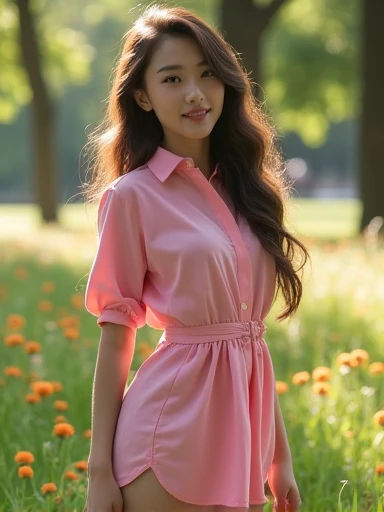 Stunning teenager at park,wearing pink-style shirt as a dress,(beautiful,detailed,expressive) eyes,(beautiful,detailed) lips,(thick,strong,slim) body, confident posture, (perfect, flawless) skin, (long, flowing) hair, (youthful, radiant) smile, surrounded by vibrant flowers, (lush, green) grass, (tall, majestic) trees, (bright, warm) sunlight, (gentle, refreshing) breeze, (serene, peaceful) atmosphere. (Best quality, high-resolution) image with (ultra-detailed, vivid) colors and (sharp, clear) focus, capturing the (natural, realistic) beauty of the scene. [HDR, UHD] lighting for enhanced depth and richness. (Photorealistic, fine-art) style with a touch of (romantic, dreamlike) ambiance, blending elements of (portrait, nature) photography, (short dress), ((ass)), (((upskirt:1.35)))