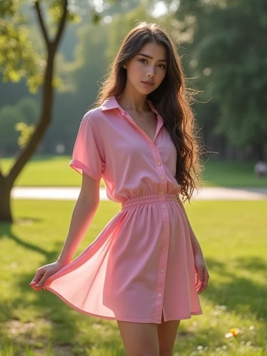 Stunning teenager at park,wearing pink-style shirt as a dress,(beautiful,detailed,expressive) eyes,(beautiful,detailed) lips,(thick,strong,slim) body, confident posture, (perfect, flawless) skin, (long, flowing) hair, (youthful, radiant) smile, surrounded by vibrant flowers, (lush, green) grass, (tall, majestic) trees, (bright, warm) sunlight, (gentle, refreshing) breeze, (serene, peaceful) atmosphere. (Best quality, high-resolution) image with (ultra-detailed, vivid) colors and (sharp, clear) focus, capturing the (natural, realistic) beauty of the scene. [HDR, UHD] lighting for enhanced depth and richness. (Photorealistic, fine-art) style with a touch of (romantic, dreamlike) ambiance, blending elements of (portrait, nature) photography, (short dress), ((ass)), (((upskirt:1.35)))