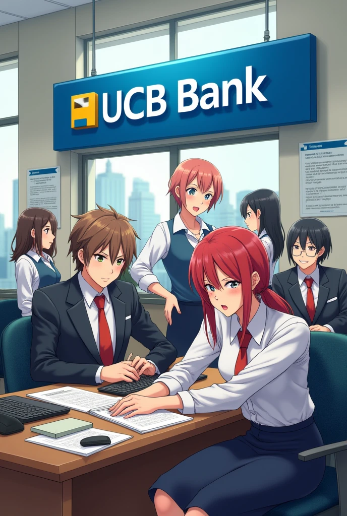 Four sister & five brother doing office work. anime colourful. UCB bank written on Background in english. Good office interrior with desk.