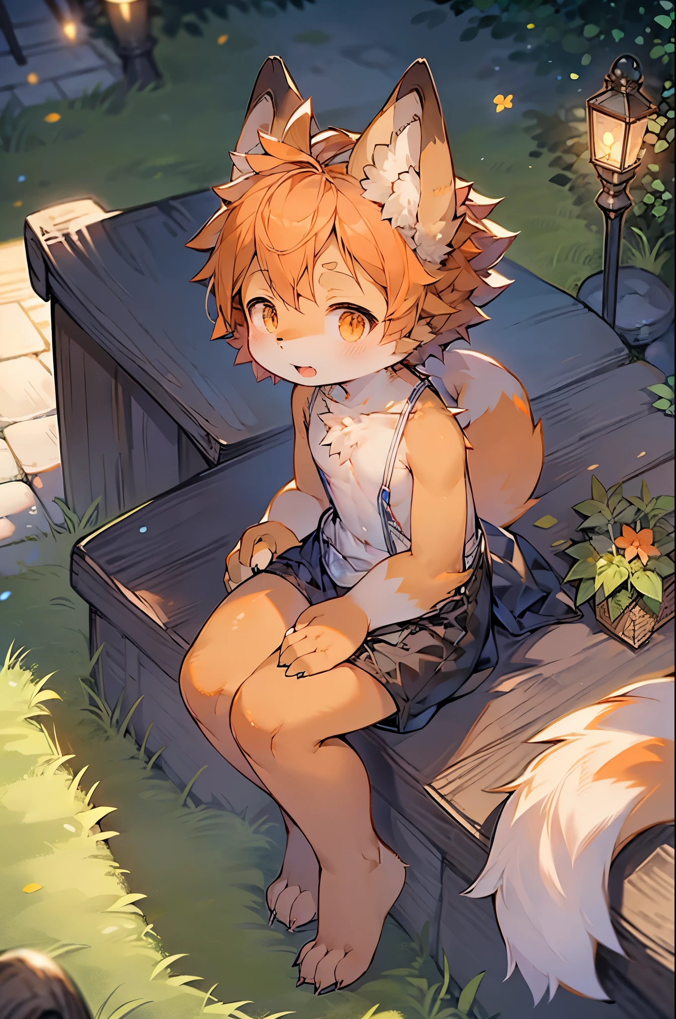 Fox Girl,Hairy Girl,Characteristics of female infants and young children,Orange Skin,Blue slip dress,Town Park Background