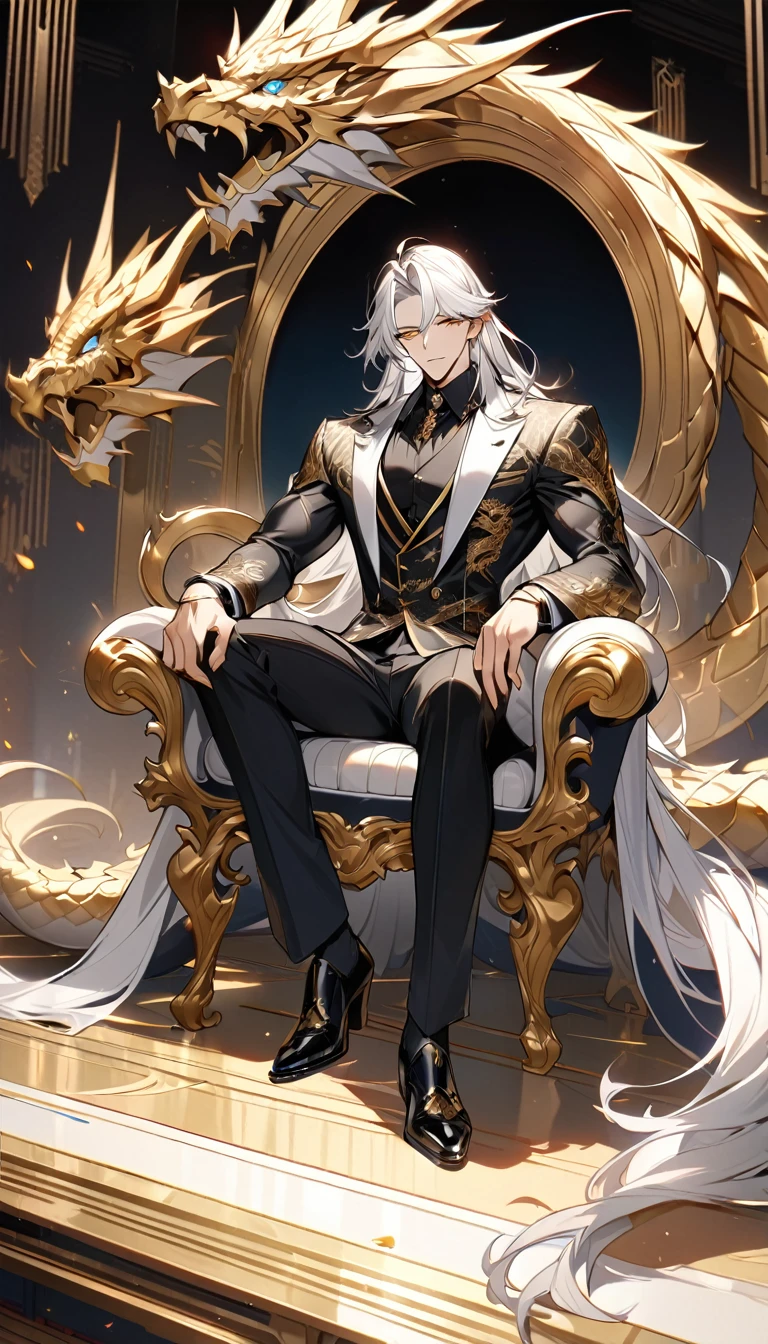 Handsome, solo, 1 male, long hair, white hair, yelow eye, wearing a black shirt, black and white suit, sitting on a golden chair with extremely beautiful and majestic dragon-engraved details. The image should depict a perfectly detailed, full-body figure in 8K resolution, ultra-high definition.