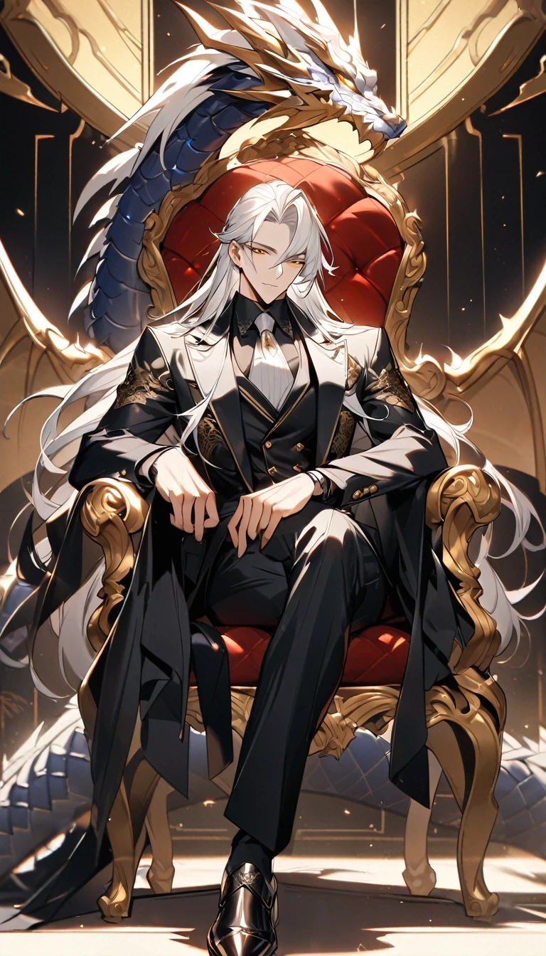 Handsome, solo, 1 male, long hair, white hair, yelow eye, wearing a black shirt, black and white suit, sitting on a golden chair with extremely beautiful and majestic dragon-engraved details. The image should depict a perfectly detailed, full-body figure in 8K resolution, ultra-high definition.