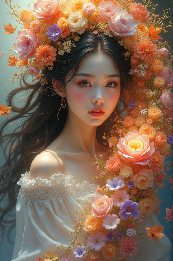 (masterpiece、top-quality、top-quality、Official art、Beautifully Aesthetic:1.2)、(1girl in)、ighly detailed、(Fractal Art:1.3)、colourfull、highestdetailed,(Poses in motion:1.4)、Detail Beautiful delicate face、Detail Beautiful delicate eyes、Very fine eye definition, (Symmetrical eyes:1.3),((Natural smile)),florals,pluma、image of goddess