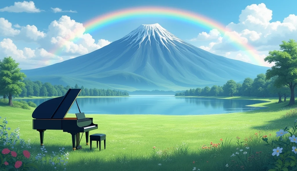 「A black grand piano standing in a lush green field、A rainbow over a lake and a majestic mountain range、Tranquil scenery」
Big rainbow arch light: Asahi、Soft light season: Summer painting style: Photo style、
others: fog、Colorful flowers、