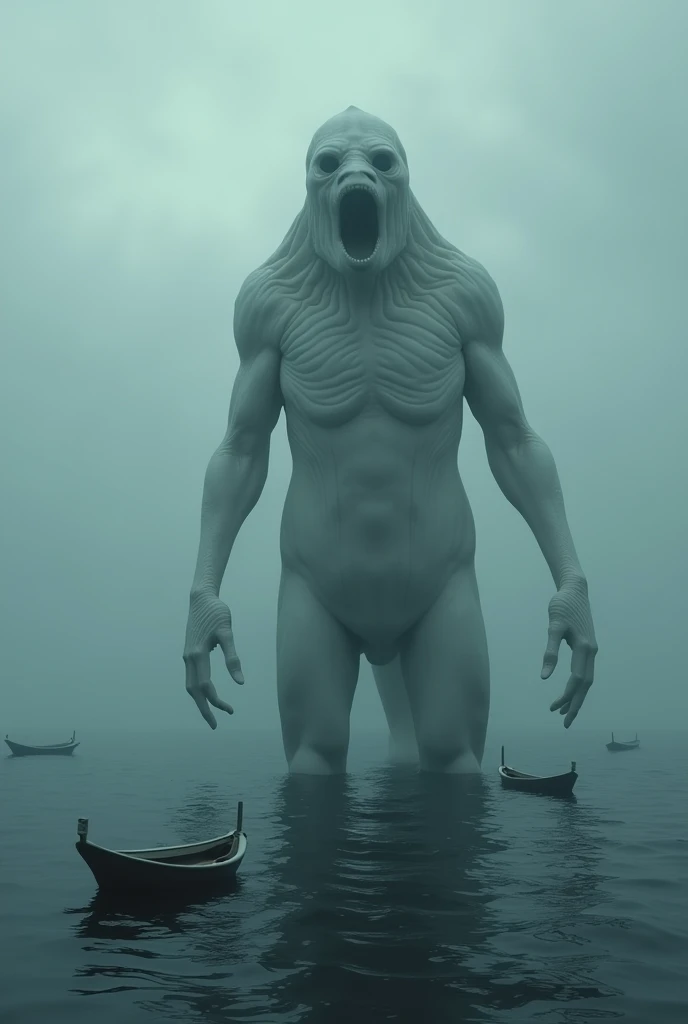 monster, Big body type, Standing in the sea, Smooth surface, the whole body is white, Hollow eyes, cough, There are small boats around, A spectacular sight, heavy atmosphere, Surrealism, Chiaroscuro, Cinema Lighting, Wide Shot, masterpiece, Accurate, Anatomically correct, Super Detail, Attention to detail, Highest quality