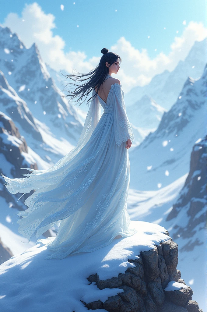 Create an anime image of a Shinobi wearing a white dress made of ice flakes standing on top of a snowy mountain with her back to the viewer and looking towards the cliff.