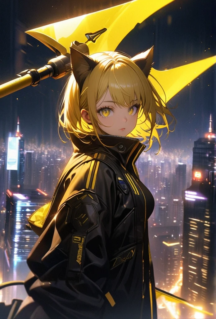 Detailed silhouette of a cyberpunk girl with cat ears, Flowing, Yellow and black jacket, She has a mechanical Yellow axe、Stand on the glossy, Minimalist Reflective Surface, The background is a realistic cityscape, A big city with many skyscrapers, night, Background Blur、Yellow Eyes、Yellow axe