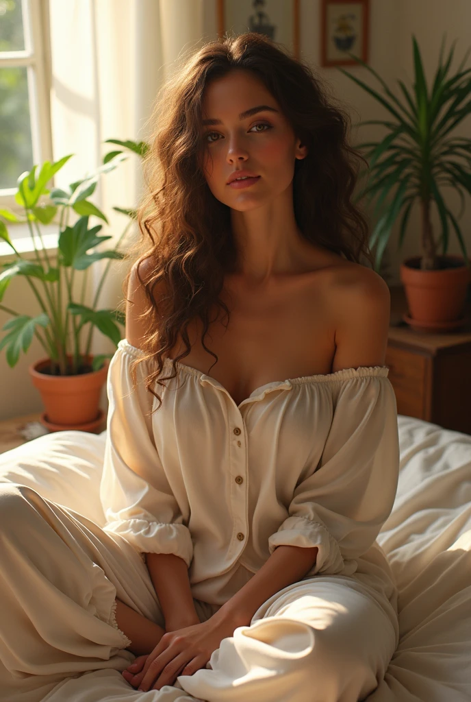 (photorealism:1.2), beautiful woman, sitting on bed, wearing loose off-shoulder top, pajama pants, long curly hair, indoors, soft lighting, plants in background, window with sunlight, cozy room, relaxed pose, realistic, intricate details, warm colors, by Greg Rutkowski, by Alphonse Mucha