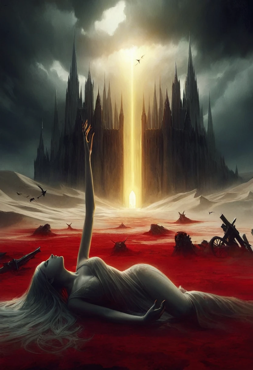 painting of a woman laying on a red ground in front of a castle, surreal dark fantasy, dark fantasy digital art, fantasy dark art, gothic fantasy art, blood temple, the lands littered with bodies, an ominous fantasy illustration, surreal dark art, dark fantasy artwork, dramatic fantasy art, dark fantasy style art, dark fantasy art, dark fantasy illustration