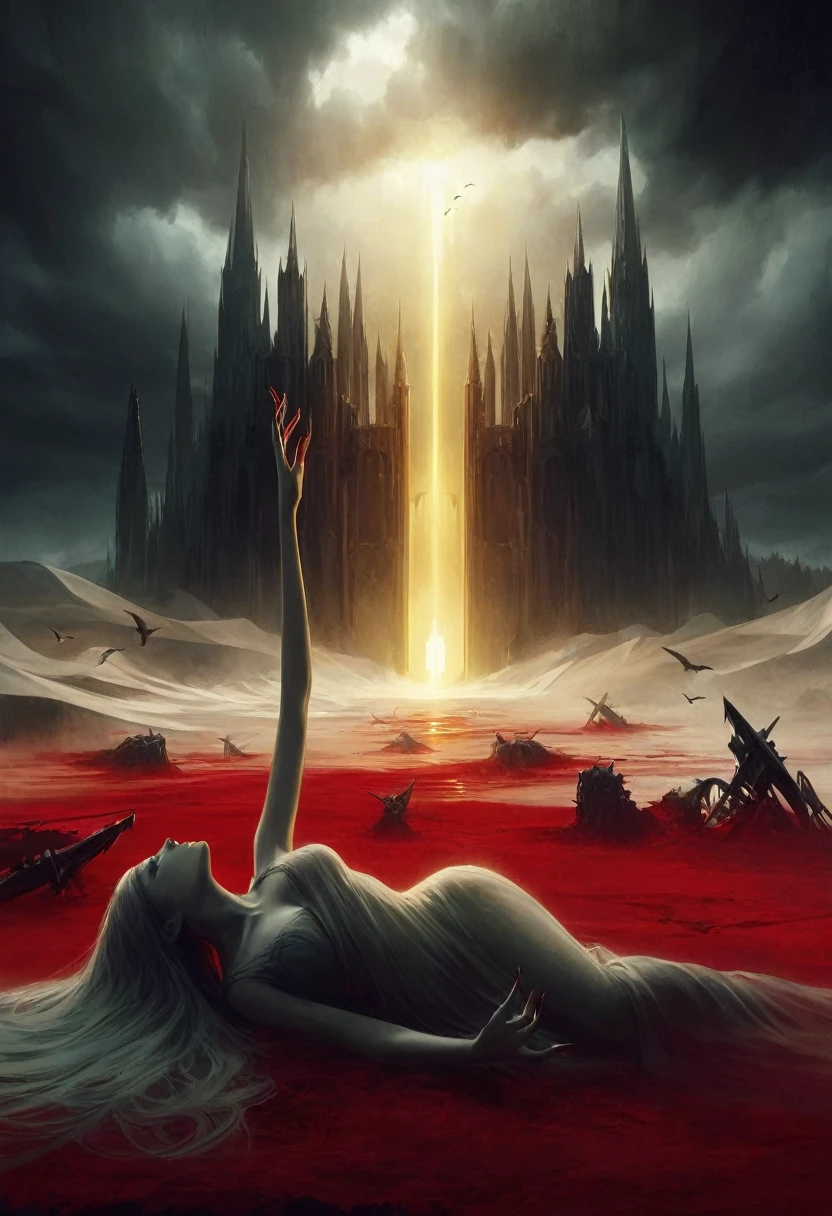 painting of a woman laying on a red ground in front of a castle, surreal dark fantasy, dark fantasy digital art, fantasy dark art, gothic fantasy art, blood temple, the lands littered with bodies, an ominous fantasy illustration, surreal dark art, dark fantasy artwork, dramatic fantasy art, dark fantasy style art, dark fantasy art, dark fantasy illustration