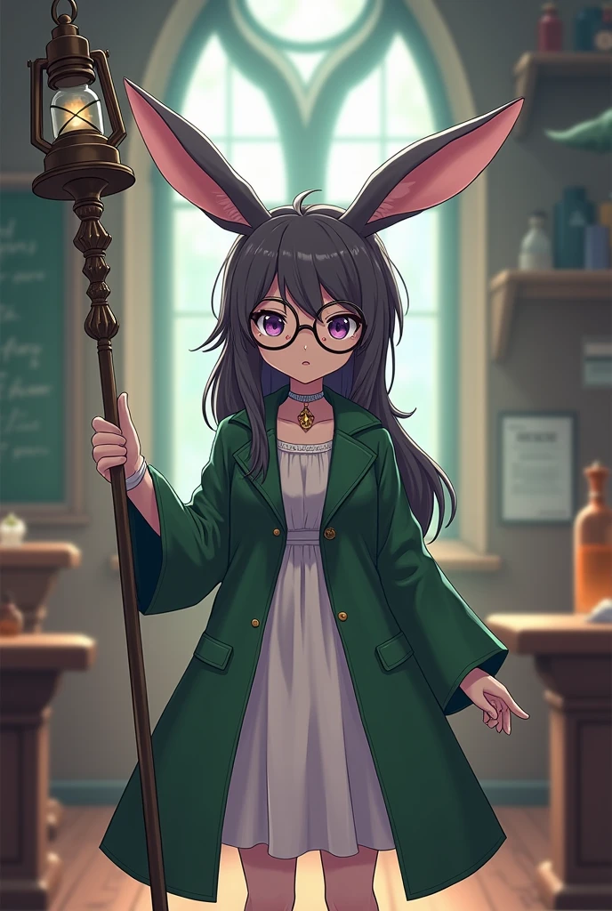 A fantasy, anime styled picture of a smaller rabbit woman with dark grey fur wearing a long moss green trenchcoat with a white dress underneath. She is standing in a magical classroom, holding a metal staff with a lantern at the end. She has large, circular, thick rimmed glasses and a silver choker, as well as loose white gloves that end just after her wrists. She has deep purple eyes.