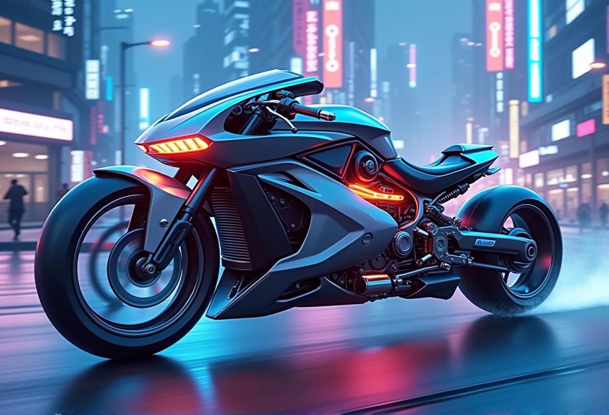 A sleek, futuristic motorcycle with a metallic finish, zooming through a neon-lit cityscape at night.