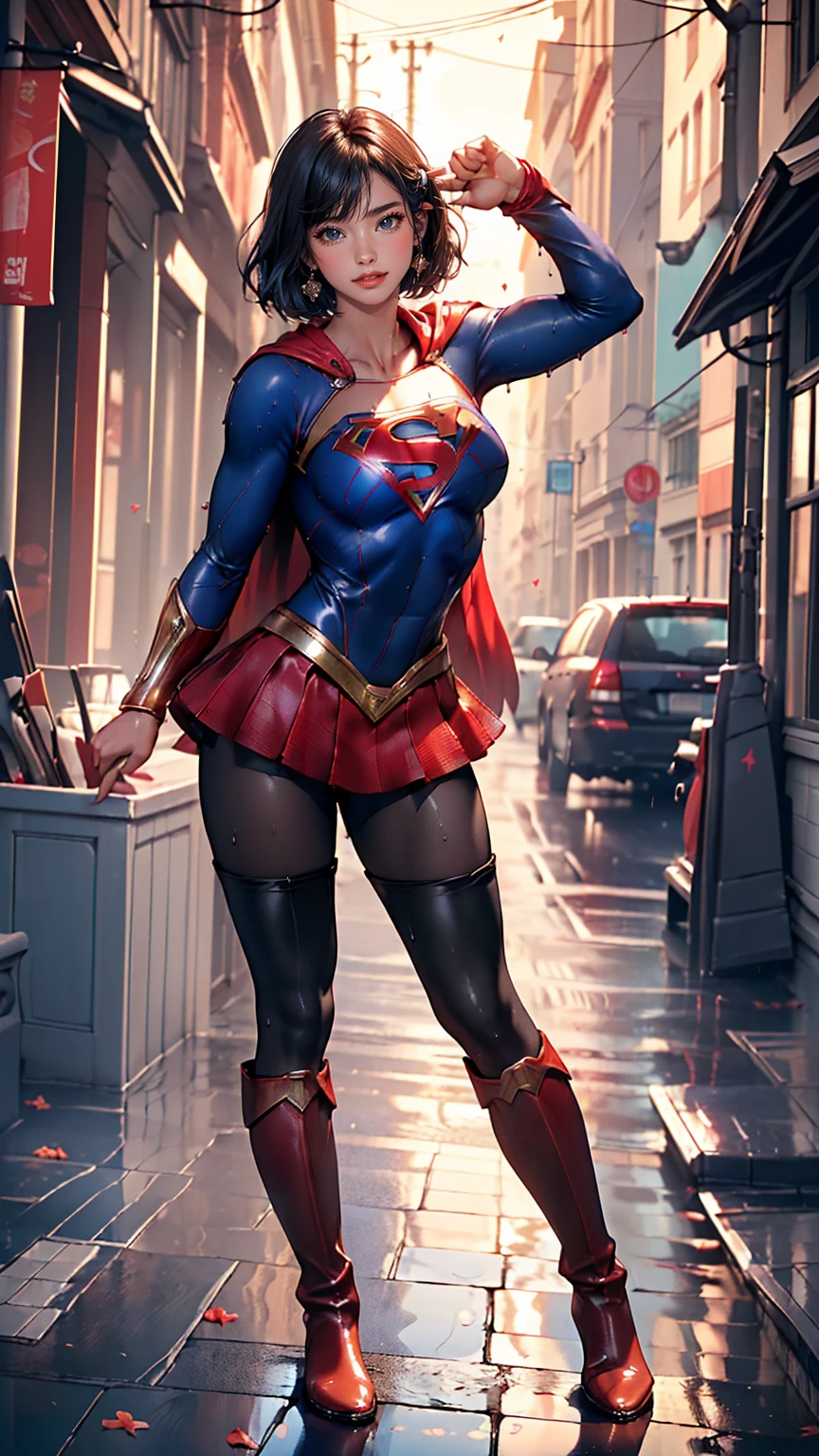 no back ground、(((Beautiful legs in black pantyhose.)))、(((Legally express the beauty of your smile)))、((((Make the most of your original images)))、(((Fantasia de Supergirl)))、(((short and beautiful hair)))、(((Smiles and winks)))、(((Por favor, Wear black pantyhose....、Wear red boots)))、((best quality image、8k))、((highest quallity、8k、work of art:1.3))、(((Preserve background )))、sharp focus:1.2、pretty woman with perfect figure:1.4、Skinny abs:1.2、body soaking wet:1.5、Highly detailed texture of face and skin、8k