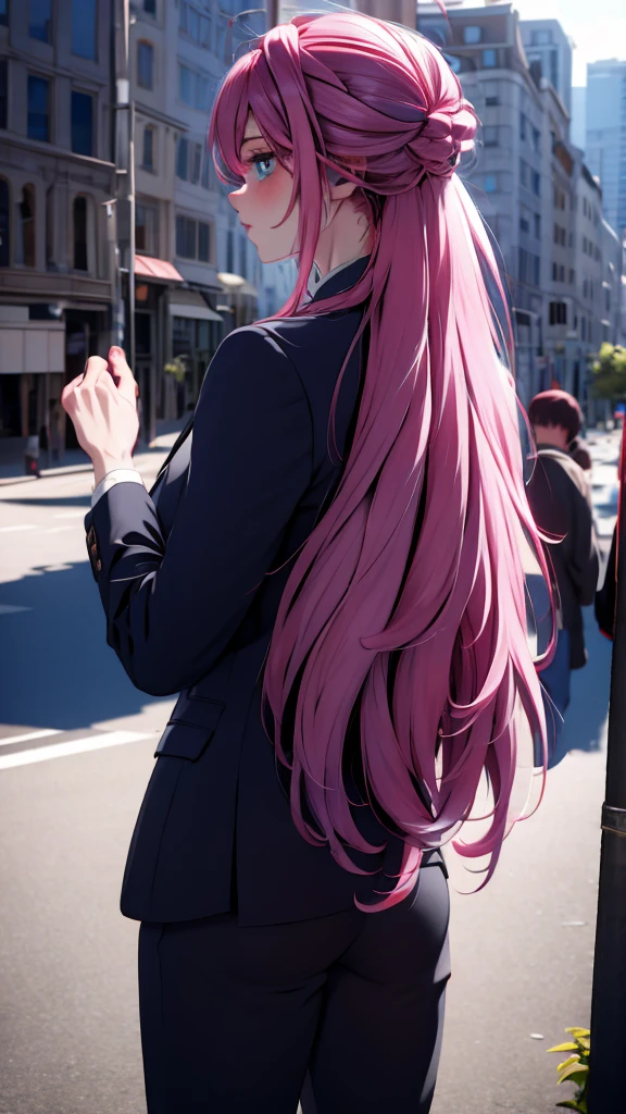 1 boy, pink hair , light blue eyes, wearing black suit 4D, city, absurdres, high res, ultrasharp, 8K, masterpiece, looking from behind