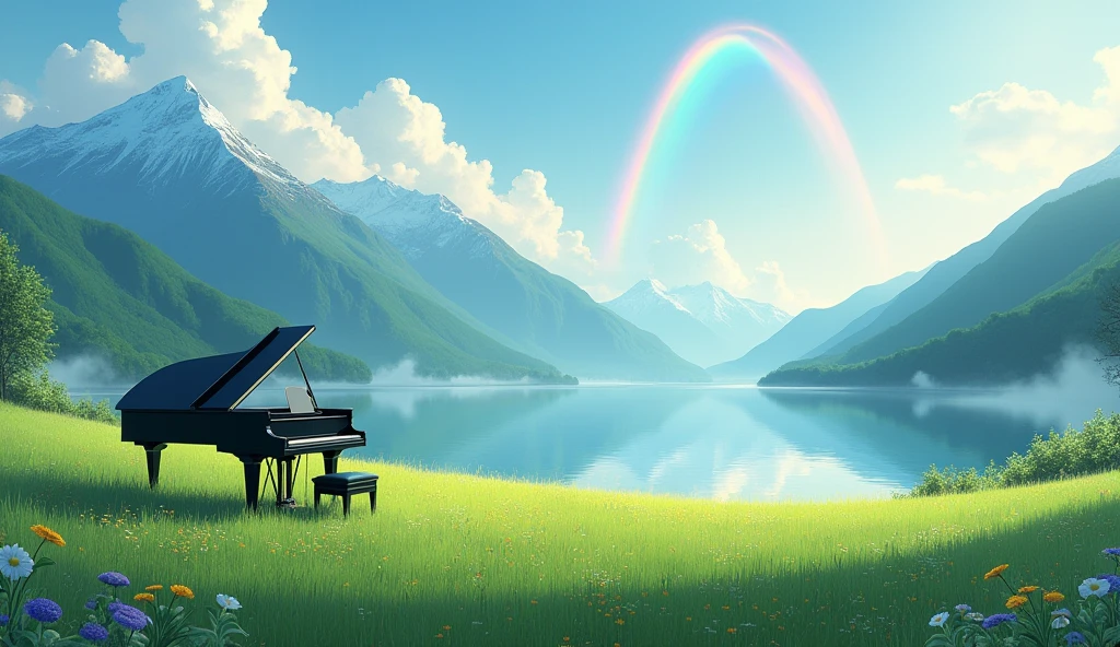 「A black grand piano standing in a lush green field、A rainbow over a lake and a majestic mountain range、Tranquil scenery」
Big rainbow arch light: Asahi、Soft light season: Summer painting style: Photo style、
others: fog、Colorful flowers、