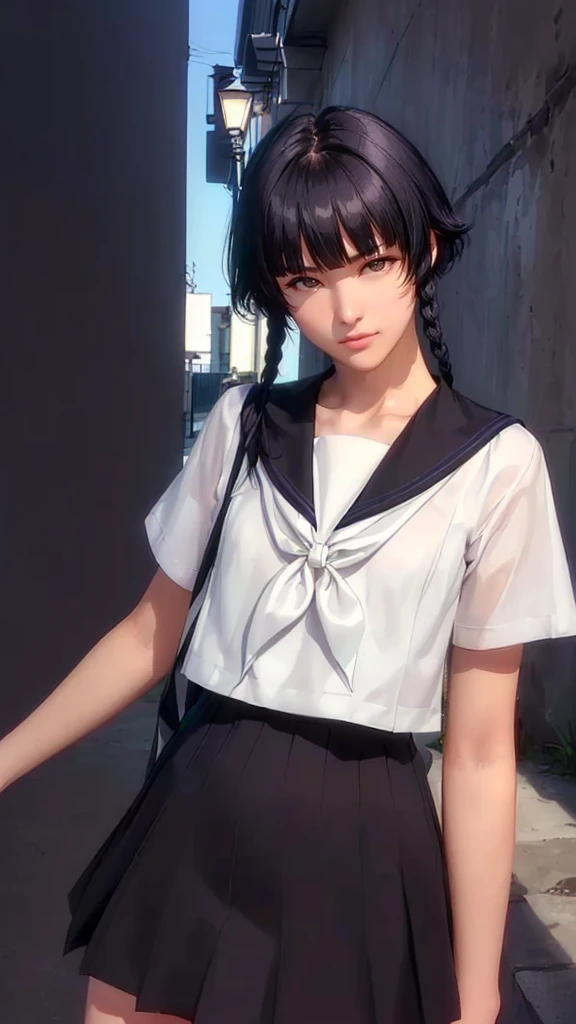 (（（Perfect body,White and tender skin,（（（JK_style，short-sleeved JK_shirt，short-sleeved JK_sailor，JK_suit，JK_tie ）））,（（（sui-feng, short hair, short hair with long locks，Black hair））），((masterpiece)),high resolution, ((Best quality at best)),masterpiece,quality,Best quality,（（（ Exquisite facial features,Looking at the audience,There is light in the eyes,Smile））），）））,（（（Light and shadow,Small chest，）））,（（（Looking at the camera,black background,)））),