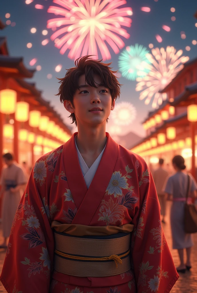 Summer festival, yukata, fireworks, young man