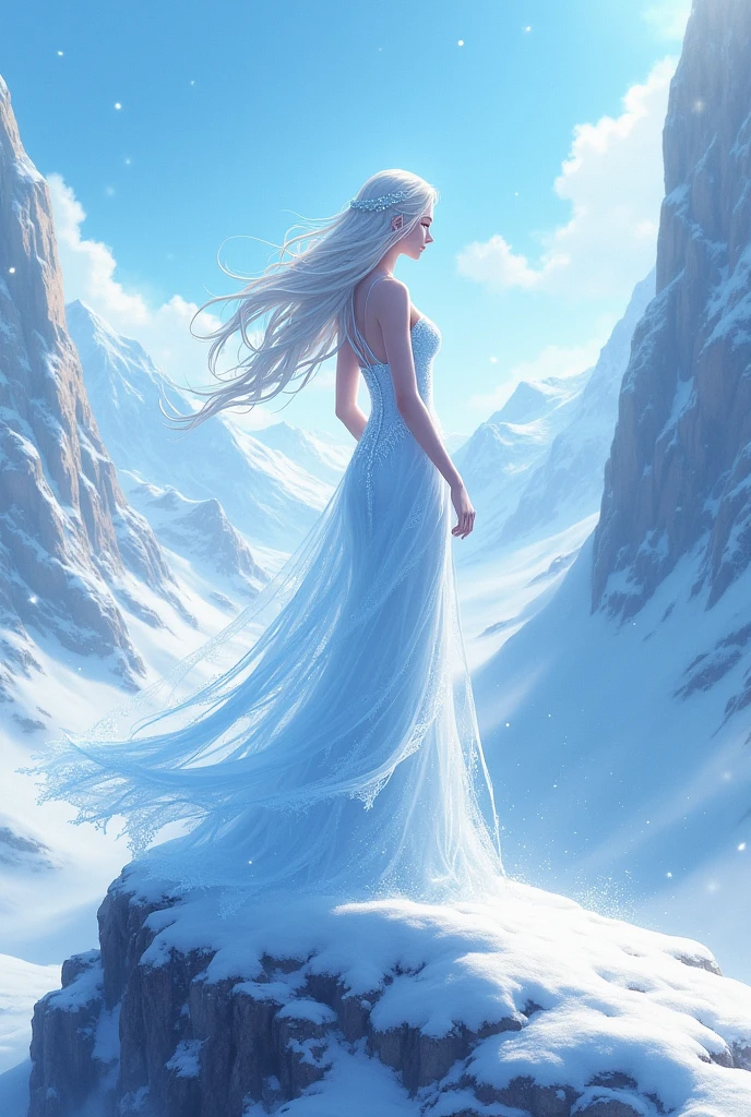 Create an anime image of a queen wearing a white dress made of ice flakes standing on top of a snowy mountain with her back to the viewer and looking towards the cliff.