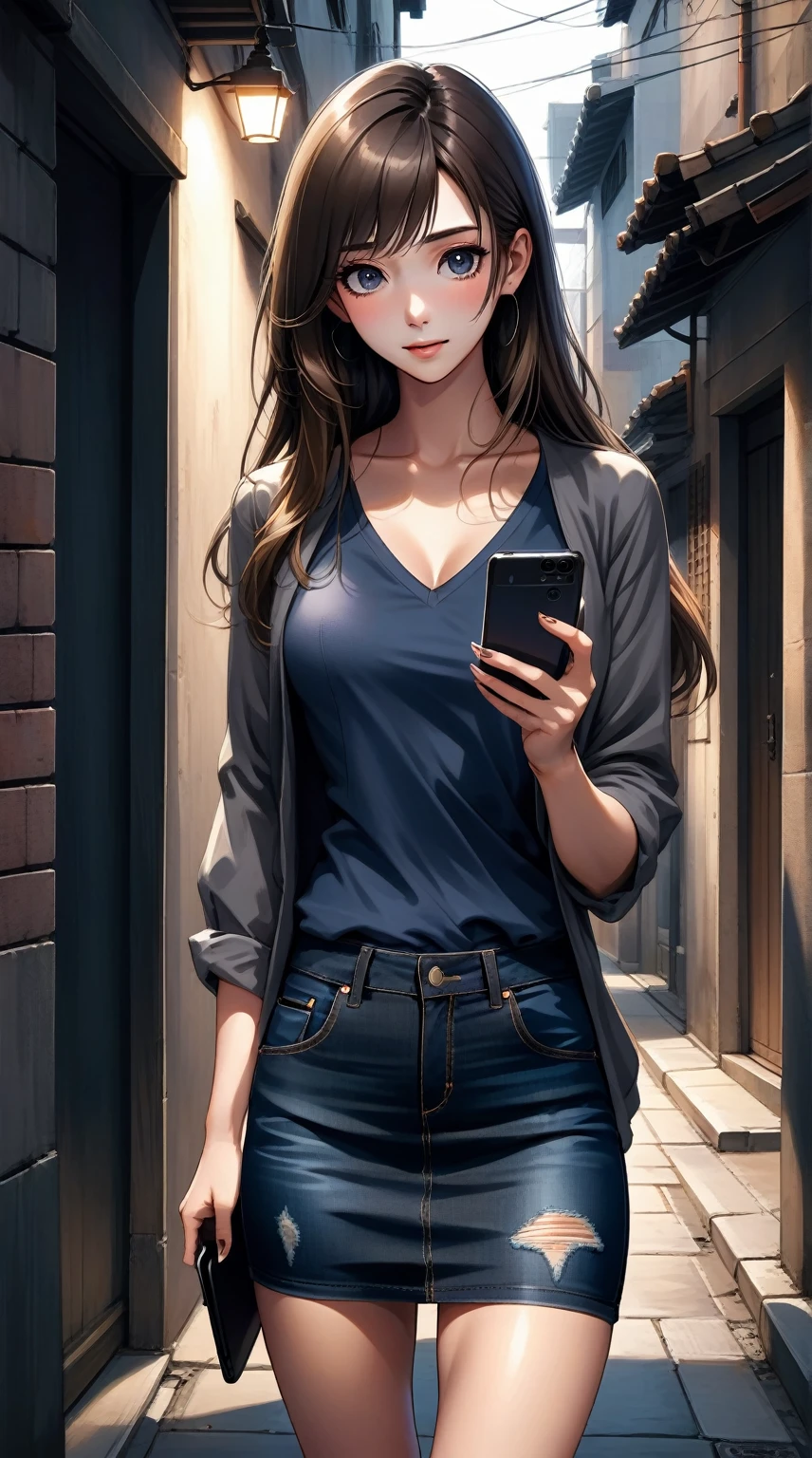 realistic anime illustration of pretty woman is looking at smartphone at dark alley, holding a smartphone, she has a long hair, she wearing dark-gray 3/4 sleeve deep v neck shirt, navy-blue denim pencil mini skirt, black sandals, (front view, looking at viewer), (masterpiece, best quality, japanese anime style), (expressive eyes, perfect face)