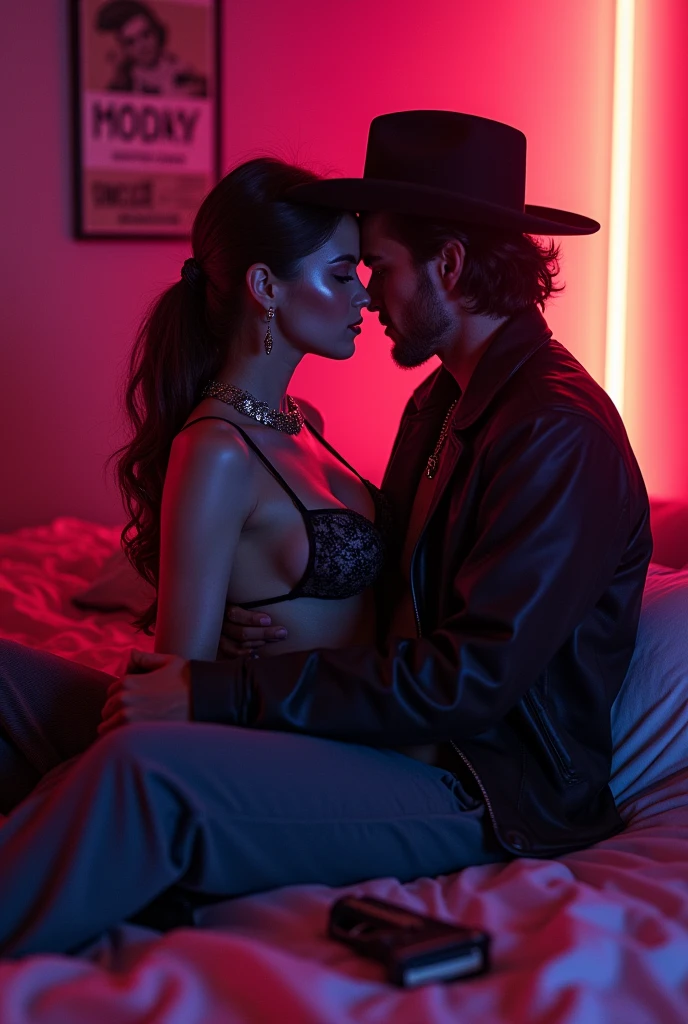 A bandit couple, like a modern version of Bonnie and Clyde, with a bedroom backdrop and vibrant neon colors 
