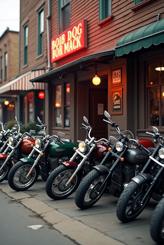 Motorcycles of all types, parked in front of an American bar