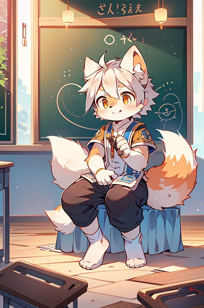 Individuality,cannon,White fox,male,Hairy,Highest quality,Shota,Humanity,uniform,classroom,nail,Hairy tail,White socks,think,No shoes,Golden Sun Rune,Golden Eyes,cute,please sit down