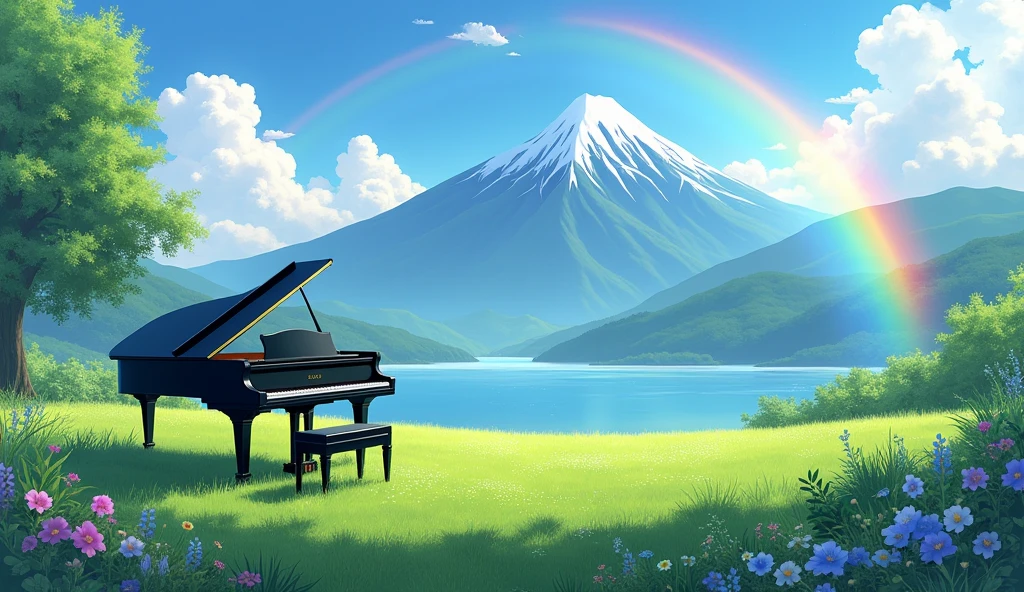 「A black grand piano standing in a lush green field、A rainbow over a lake and a majestic mountain range、Tranquil scenery」
Big rainbow arch light: Asahi、Soft light season: Summer painting style: Photo style、
others: fog、Colorful flowers、