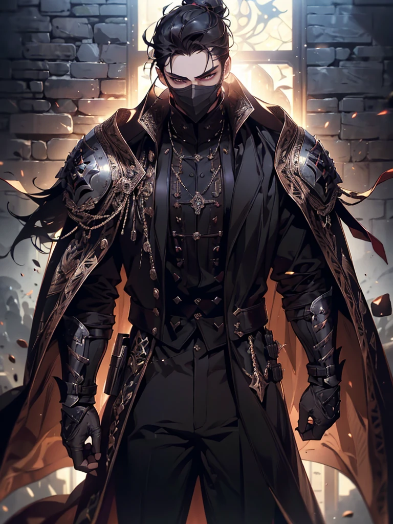 (masterpiece, high quality, cinematic lighting, backlighting, sharp colors)
Tall muscular young man, black hair tied in a bun, dark eyes, compact muscles. Face hidden by a full iron mask, expressionless. Wears medieval robe, leather shirt and pants, armor plates on vital areas. Dark crime scene background, shadowy atmosphere.