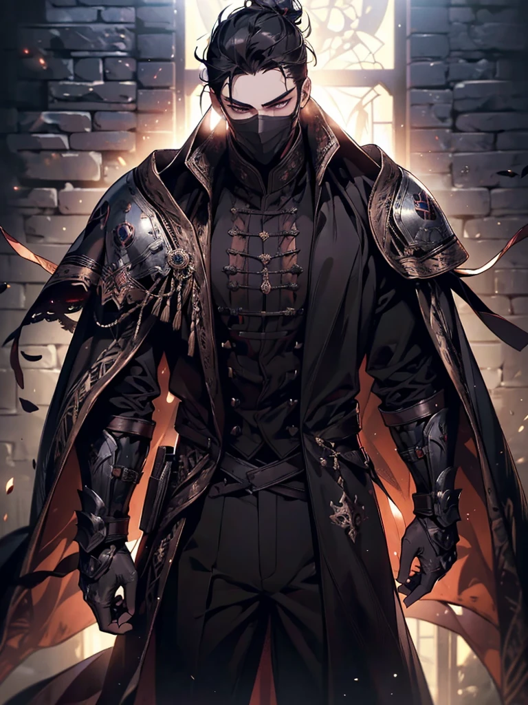 (masterpiece, high quality, cinematic lighting, backlighting, sharp colors)
Tall muscular young man, black hair tied in a bun, dark eyes, compact muscles. Face hidden by a full iron mask, expressionless. Wears medieval robe, leather shirt and pants, armor plates on vital areas. Dark crime scene background, shadowy atmosphere.