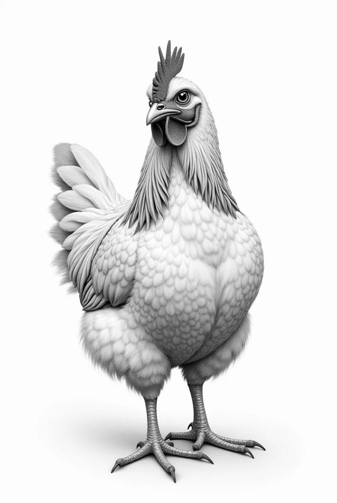 Make a drawing of a hen looking forward in pencil as if it had been drawn by a professional.