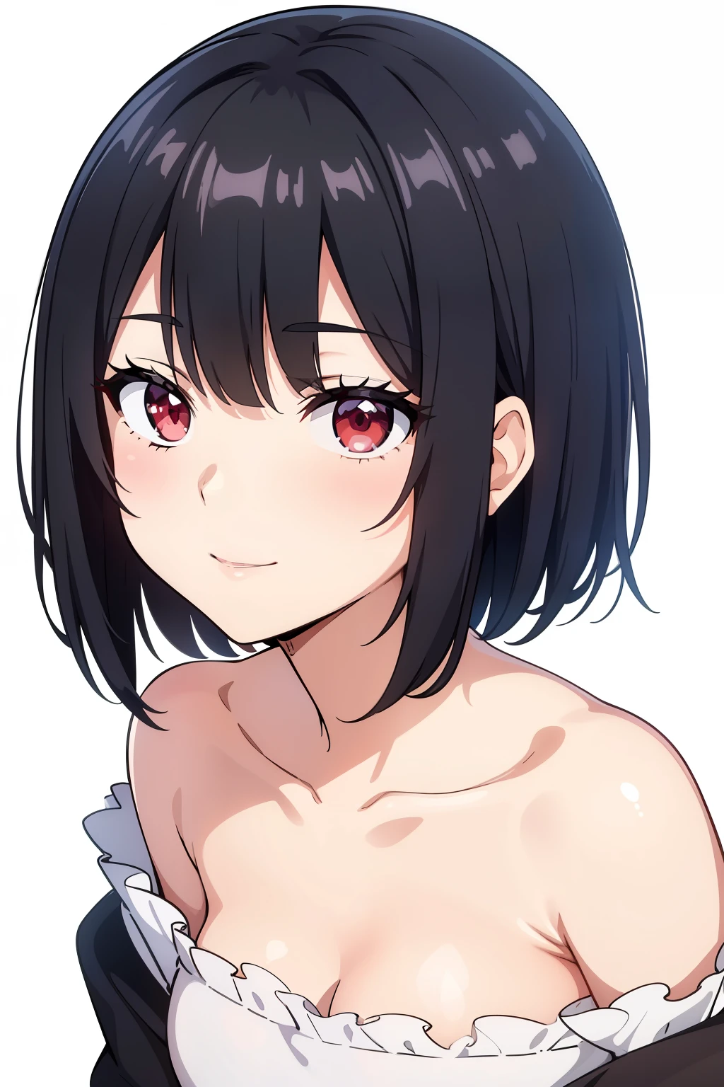 8k,illustration,short hair,,White background,Black_hair,Ruby red eyes,Solitary,1 Girl,14 year old girl,best quality, Extremely refined、double eyelids,Simple background、face close-up、Immature,ethereal,乾淨White background,No background,Flirting eyes,interesting soul,Like shyness,Center the face,Charming smile and delicate face, (Sexy expression: 1.5) (Natural face: 1.5),Girlfriend&#39;s perspective,Interested little head shake,Looking for attention