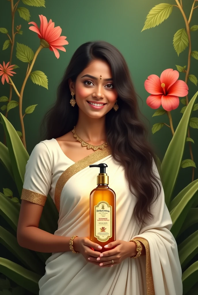 beautiful keralite woman with long hair in white saree with blouse holding in hand "Lakshmi Kachenna" hair oil in pet bottle surrounded by plants like Thulasi, Hibiscus, aloe vera, bhamhi, bringaraj etc in background