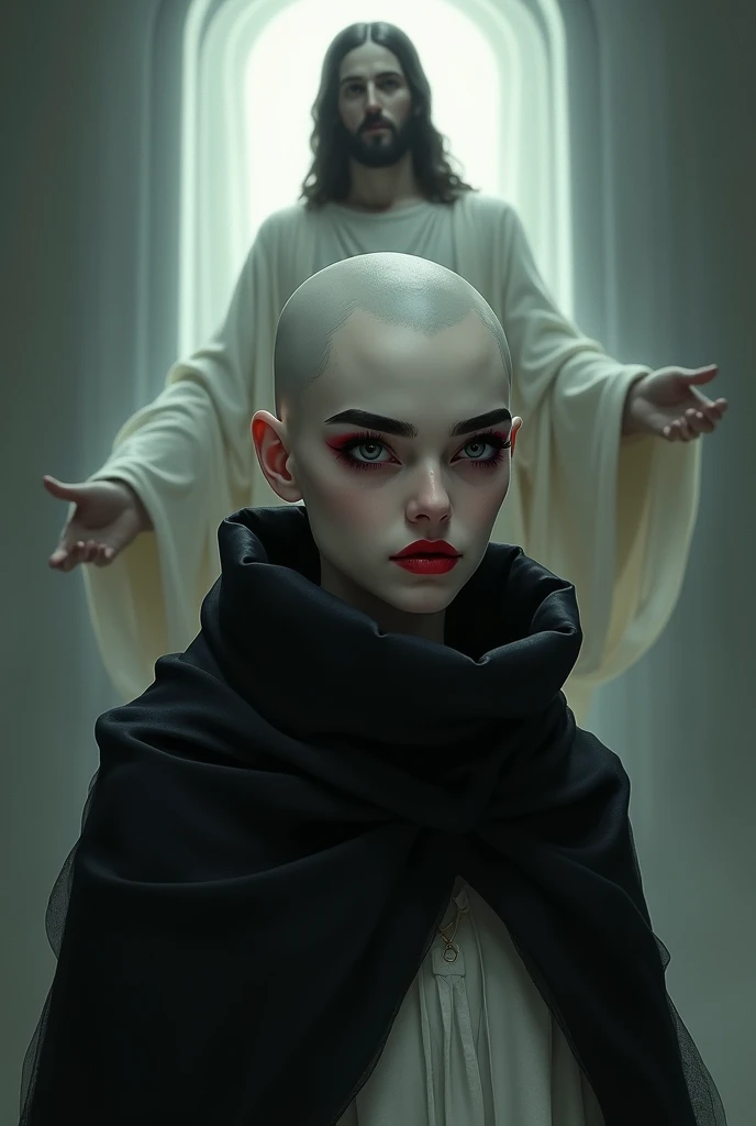 Bald girl with black eyebrows, red makeup with black eyeliner, black eyes, White skin, with a white dress and a big black sweater on top.
Behind this Jesus Christ illuminating his path.